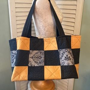 Patchwork Quilt Cotton Tote Bag Black Gold & Paisley